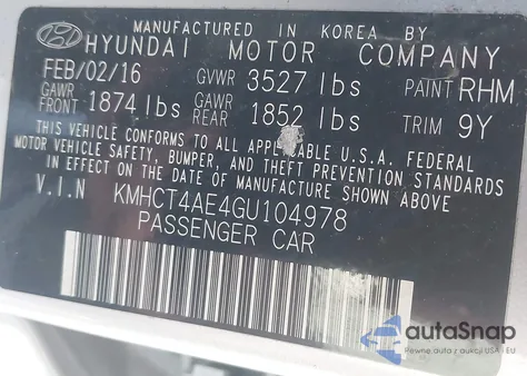 2016 Hyundai Accent Se from USA, damaged, VIN KMHCT4AE4GU104978